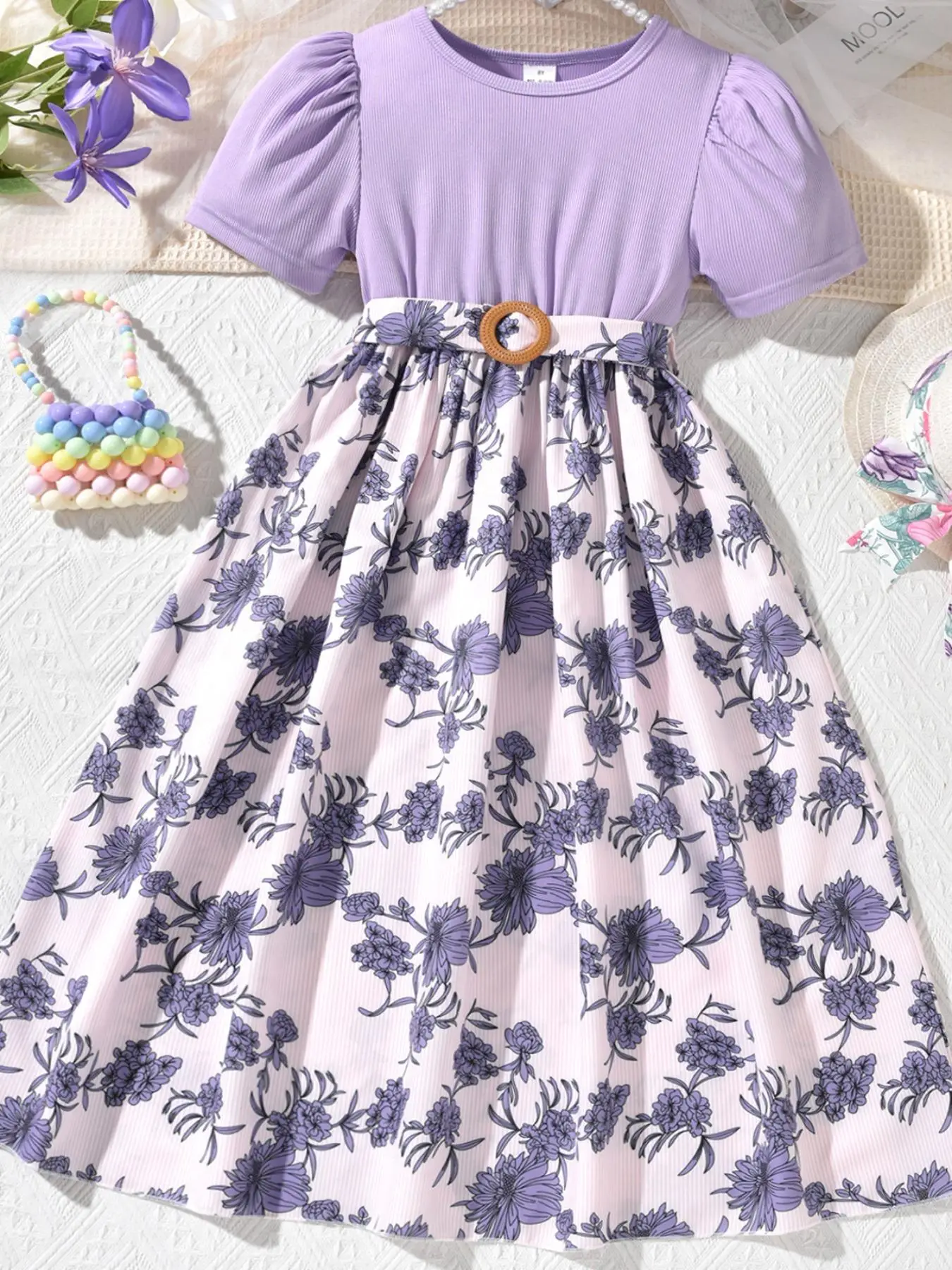 Girl's Floral Print Patchwork Belted Dress, Casual Round Neck Short Sleeve Dress for Summer, Kids Clothes for Daily Wear