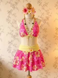 RETRO STAGE Women's 1960s Pink Tropical Flower Print Tie-Front Layered Hawaii-Inspired Bikinis Set - Polyester Blend, Removable Pads, Beachy Swimsuits, Print Bikinis, Flower Print Bikinisummer outfits beach essentials vacation outfits