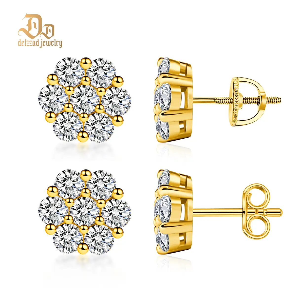 Delzzad S925 D Color VVS Synthetic Moissanite Flower Stud Earrings Screw Back/Butterfly Back Birthday Anniversary Mother's Day Gifts for Men Women Spr