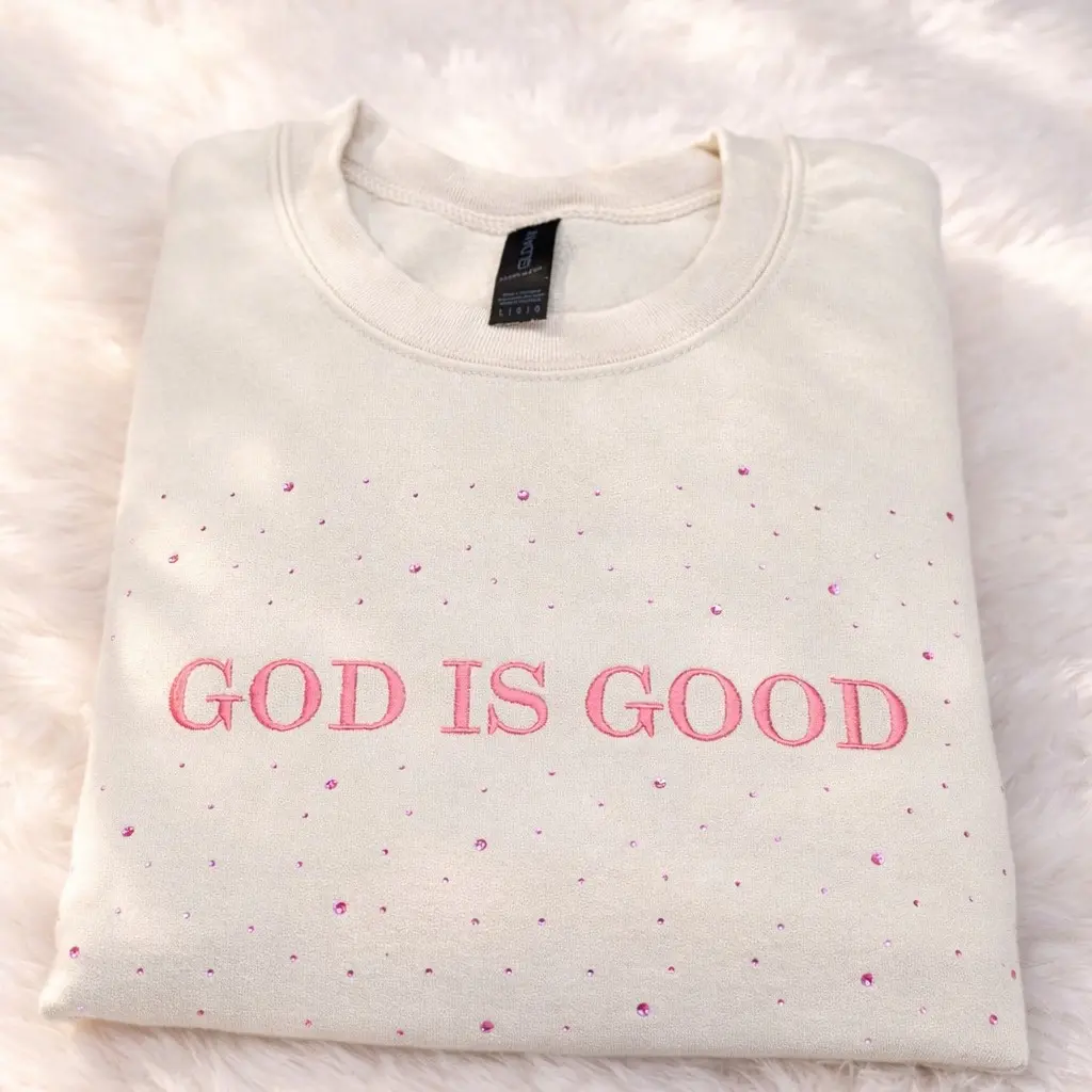 GOD IS GOOD - SAND CREWNECK SWEATSHIRT - PINK LOGO PINK RHINESTONES
