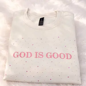 GOD IS GOOD - SAND CREWNECK SWEATSHIRT - PINK LOGO PINK RHINESTONES