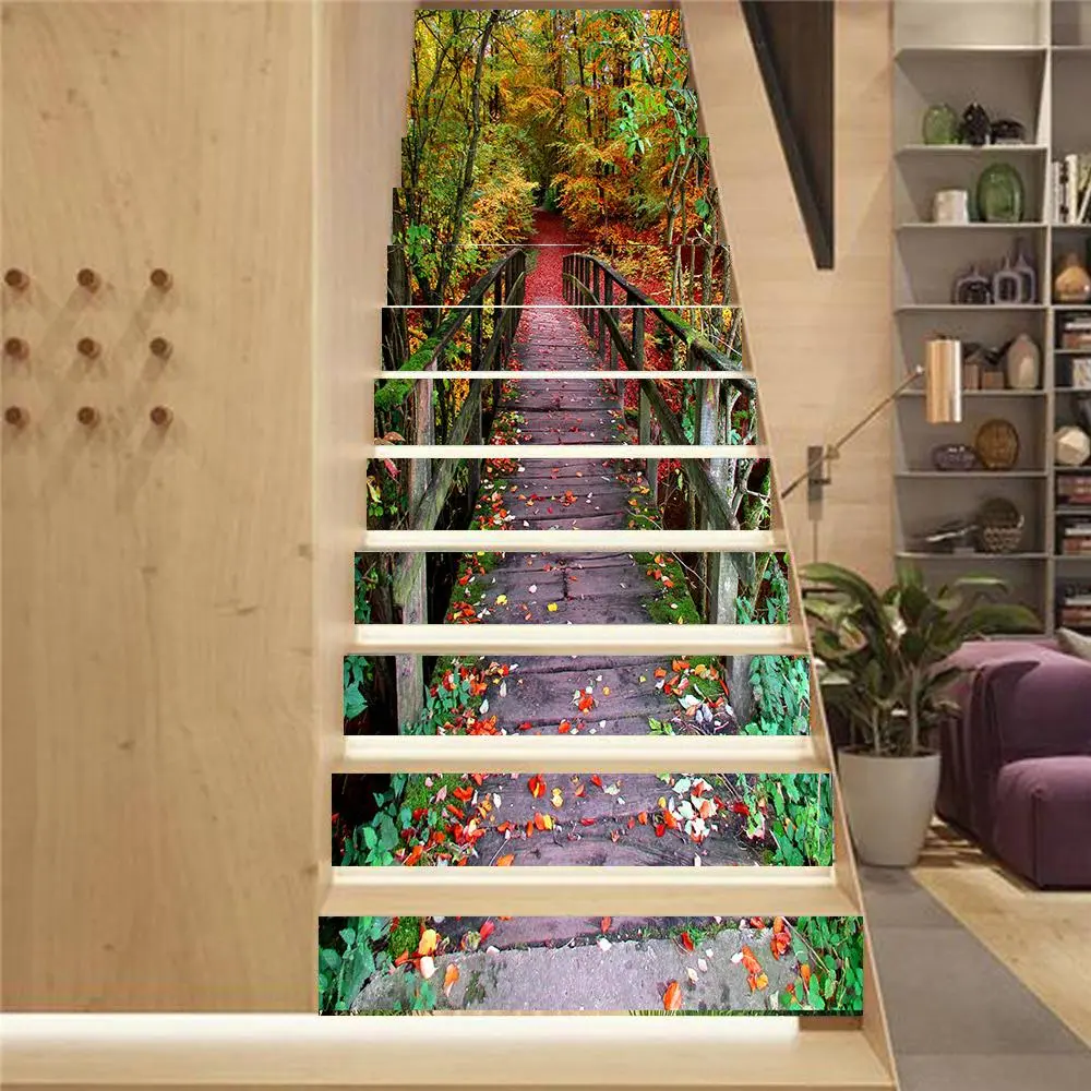 Natural Scenery Pattern Wall Stair Sticker, 13pcs/set Waterproof Self Adhesive Wall Stair Tile Decal, Decorative Sticker for Home Living Room Bedroom