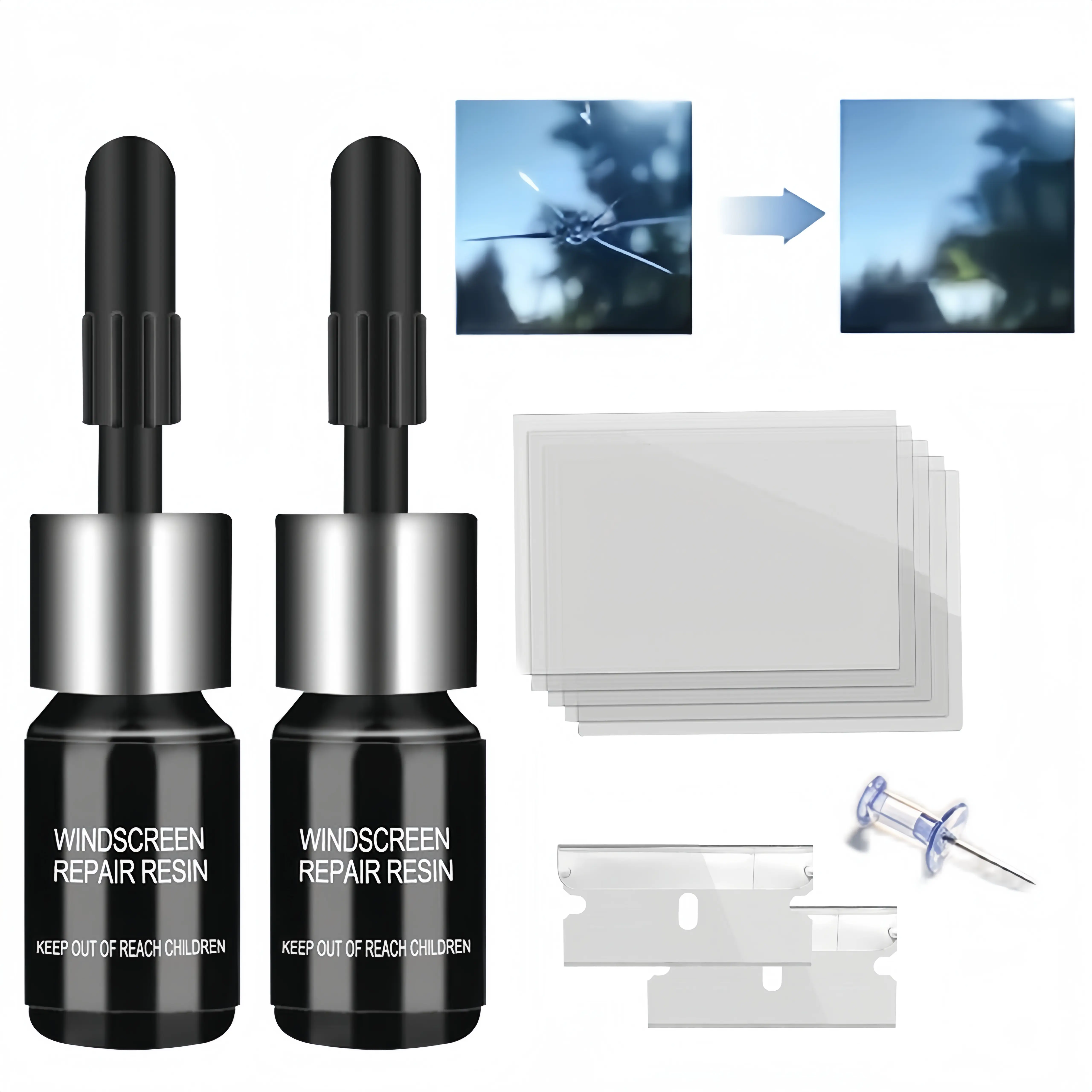 Windshield Chip Repair Kit, Upgraded Windshield Crack Repair Kit Fast and Efficient Car Glasses Repair kit with Suction Cup for Half-Moon, Bulls-Eye & Star-Shape Damage, 2 Bottles