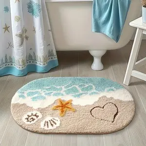 Ocean Theme Oval Rug with Starfish & Heart Design, Non-Slip Water Absorbent Bathroom Decorative Mat, Home Decor Gift