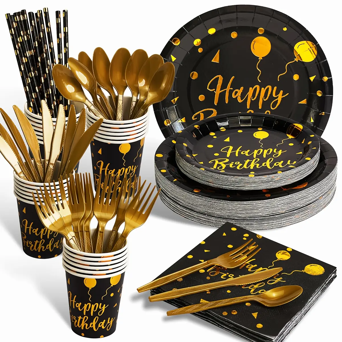 200pcs Black Golden Birthday Party Dinnerware Set, Happy Birthday, Birthday Party Dinnerware Set, Golden Plastic Knife, Fork, Spoon, Straw, Birthday Theme Tray, Cup, 25 Person Pack, Cake Tray