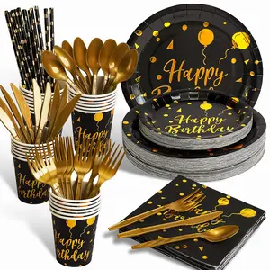 200pcs Black Golden Birthday Party Dinnerware Set, Happy Birthday, Birthday Party Dinnerware Set, Golden Plastic Knife, Fork, Spoon, Straw, Birthday Theme Tray, Cup, 25 Person Pack, Cake Tray