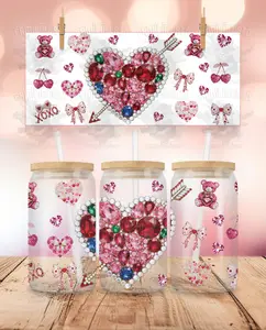 Valentine's Day - Rhinestone - Heart UVDTF Sticker Wrap For 16 oz Libbey Glass Cup