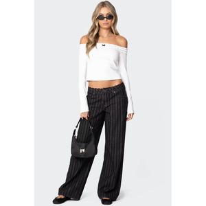 Lace Trim Striped Low Rise Baggy Jeans