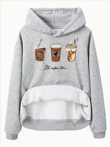 Women's Casual Coffee Print Fleece Hoodie with Front Pocket, Comfortable Winter Pullover, Fall & Winter Wear