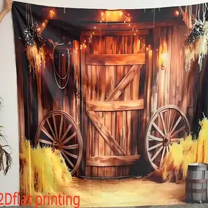 2D flat 1pc Western Cowboy Barn Background Fabric Retro Log Cabin Wagon Wheel Background Suitable for Country Theme Party, Western Cowboy Festival, Multiple Sizes Available, Polyester Material