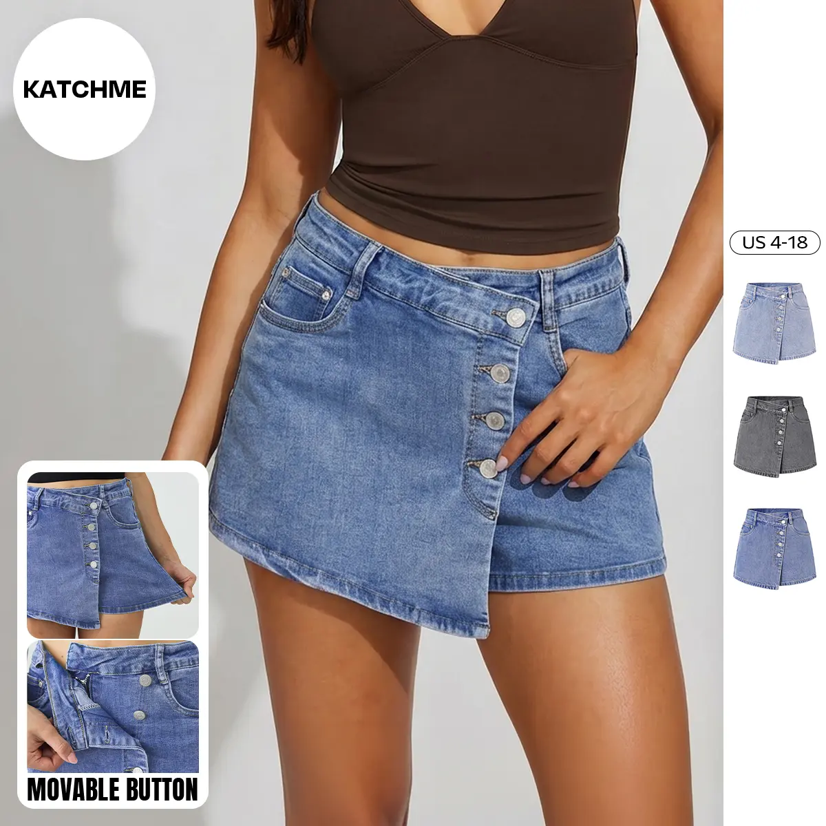 KatchMe Women's Classy Mid-Rise Asymmetric Button Wrinkle-Resistant Denim Skorts, Durable Non-Shrinking Shorts, Casual Chic Streetwear, Multi-Pocket Daily Outfits, Basic Women's Bottom for Spring & Summer