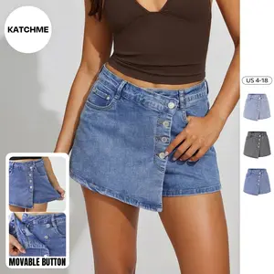 KatchMe Women's Classy Mid-Rise Asymmetric Button Wrinkle-Resistant Denim Skorts, Durable Non-Shrinking Shorts, Casual Chic Streetwear, Multi-Pocket Daily Outfits, Basic Women's Bottom for Spring & Summer