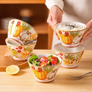 Creative Japanese Nordic Style Hat Bowls Set, Ceramic Rice Bowl with Spoon, Microwave Safe, Perfect for Everyday Use & Festive Settings, Tableware with Leaf & Pumpkin Pattern