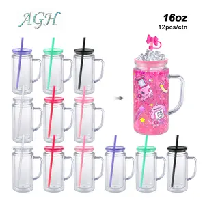 AGH US NEW ARRIVAL 16 OZ Double Wall Plastic HandleTumblers Sonw Globe Cups Lava drip tumbler with Mixed Color Lids, for DIY Glitter Gifts, with Pre Drilled Hole Plug
