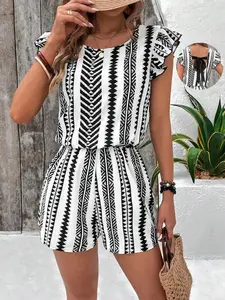 Women's Backless Butterfly Knot Ruffle Sleeve Casual Vacation Print Romper, Stylish and Comfortable, Perfect for Relaxing Days