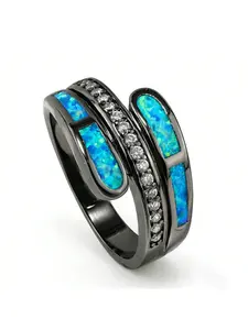 Edgy Black Opal Zircon Ring,Blue Fire Opal & CZ,Streetwear Jewelry for Men/Women Cool Birthday & Anniversary Gifts for Him/Her