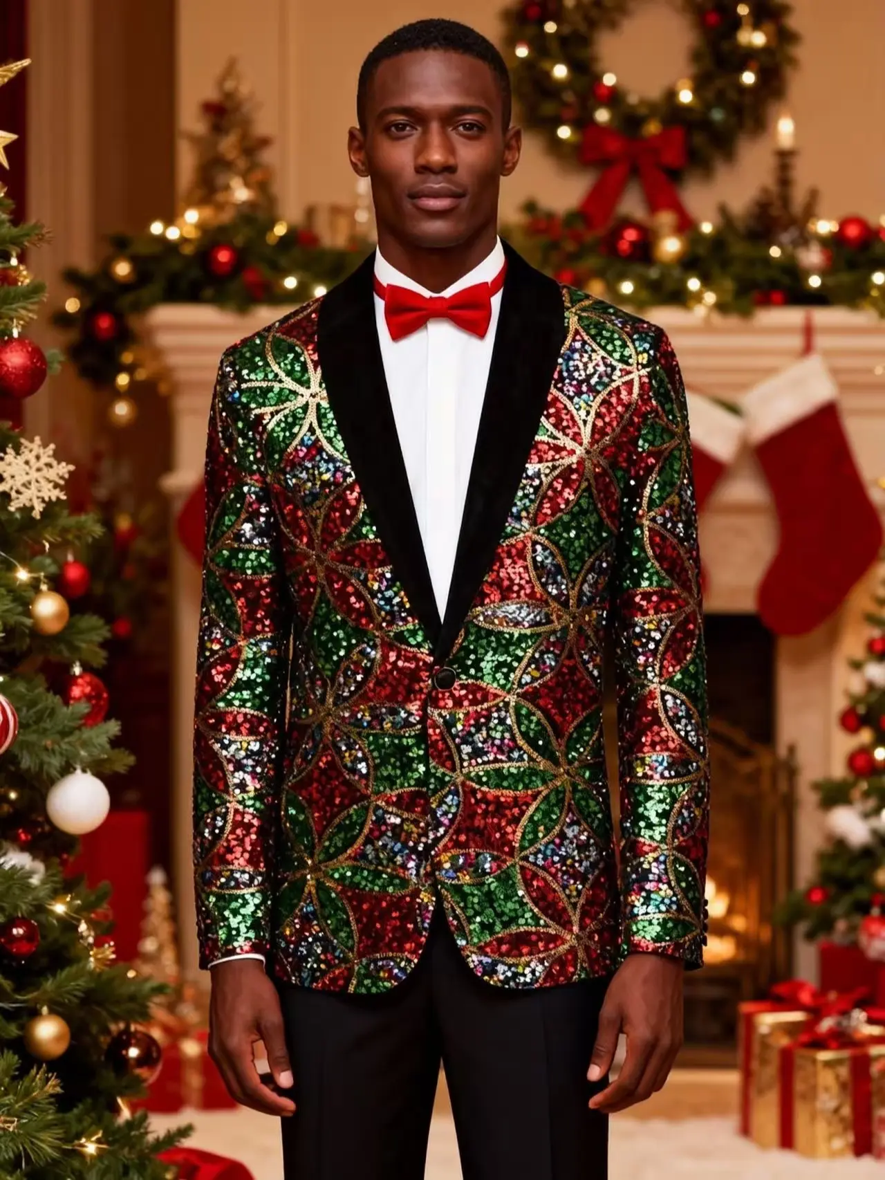 Men's Glamour Sequin Suit Jacket, Festive Red and Green Long Sleeve Blazer for Christmas Party Attire, Menswear, Formal Wear, Glamorous, V-Neck, Holiday, Sequin Fabric, Longsleeves, Festive Design, Gift Option, Sequins
