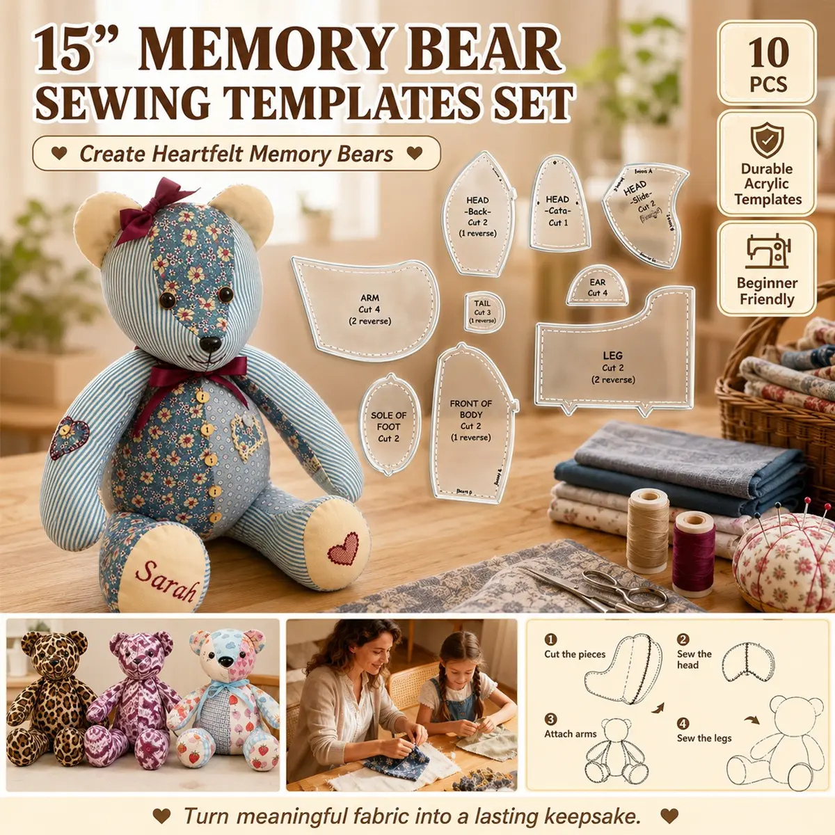 10Pcs Memory Bear Sewing Template Ruler Set, Teddy Bear Pattern Templates with Instructions, Quilting Rulers, for DIY Plush Doll Making, Sewing Craft Tools, Sewing Supplies, Keepsake Bear Gifts, Quilters Craft Lovers