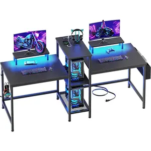 【Limited time deal】BA-CBX  2 Person Gaming Desk with LED Lights, 71 Inch Computer Desk with Power Outlets and Monitor Stand, Double Desk with Storage Bag and Headphone Hooks, Study Writing Table for Home Office, Black