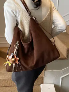 Large Capacity High Quality Shoulder Bag, Versatile Simple Multi-Use Suede Leather Dumpling Bag, Retro Solid Color Casual Backpack for Work Commute, Puffy Shoulder Bag