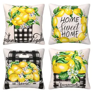 Summer Lemon Pillowcase Black and White Checkered Truck Lemon Flower Leaf Pattern Black and White Checkered Lemon Home, 4-piece Set with Double sided Printing