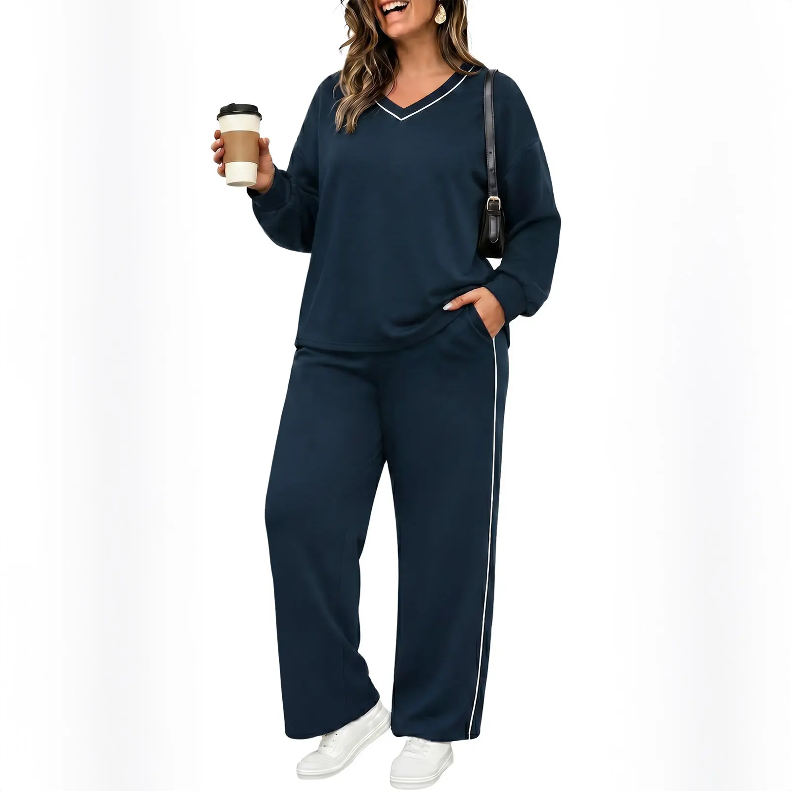 Eytino Womens Plus Size Contrasting Trim V Neck Long Sleeve Pullover Top Elastic Waistband Pants Casual 2 Piece Outfit (1X-5X)