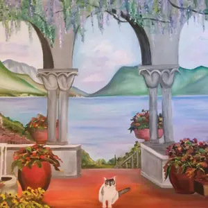 Lake Como Oil Painting Print -  18"x24" – Italian Garden Terrace with Cat