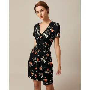 RIHOAS Women's Slim Elegant Polyester V-Neck Button-Up Short-Sleeve Floral Print Fit & Flare Casual Mini Dress