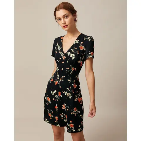 RIHOAS Women's Polyester Slim Classy Easy Button Up Short Sleeve V Neck Floral Print Fit & Flare Casual Mini Dress, Button Casual Dresses for Women