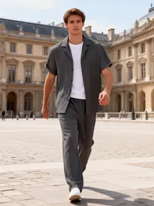 Men's Dark Gray Ribbed Texture Light Outdoor Casual 2-Piece Set - Short-Sleeve Lapel, Collared Shirt + Elastic Waist Pants, Breathable Quick-Dry Fabric, Relaxed Fit, Ideal for Summer Park Strolls, Urban Café Hangouts & Casual Outings
