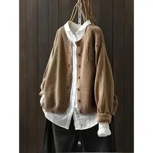 Durable Style) Women's Olive Green Casual Knit Cardigan - Loose Fit Long Sleeve Sweater Jacket with Buttons and Pockets|Autumn Winter Comfortable Acrylic Oversized Sweater