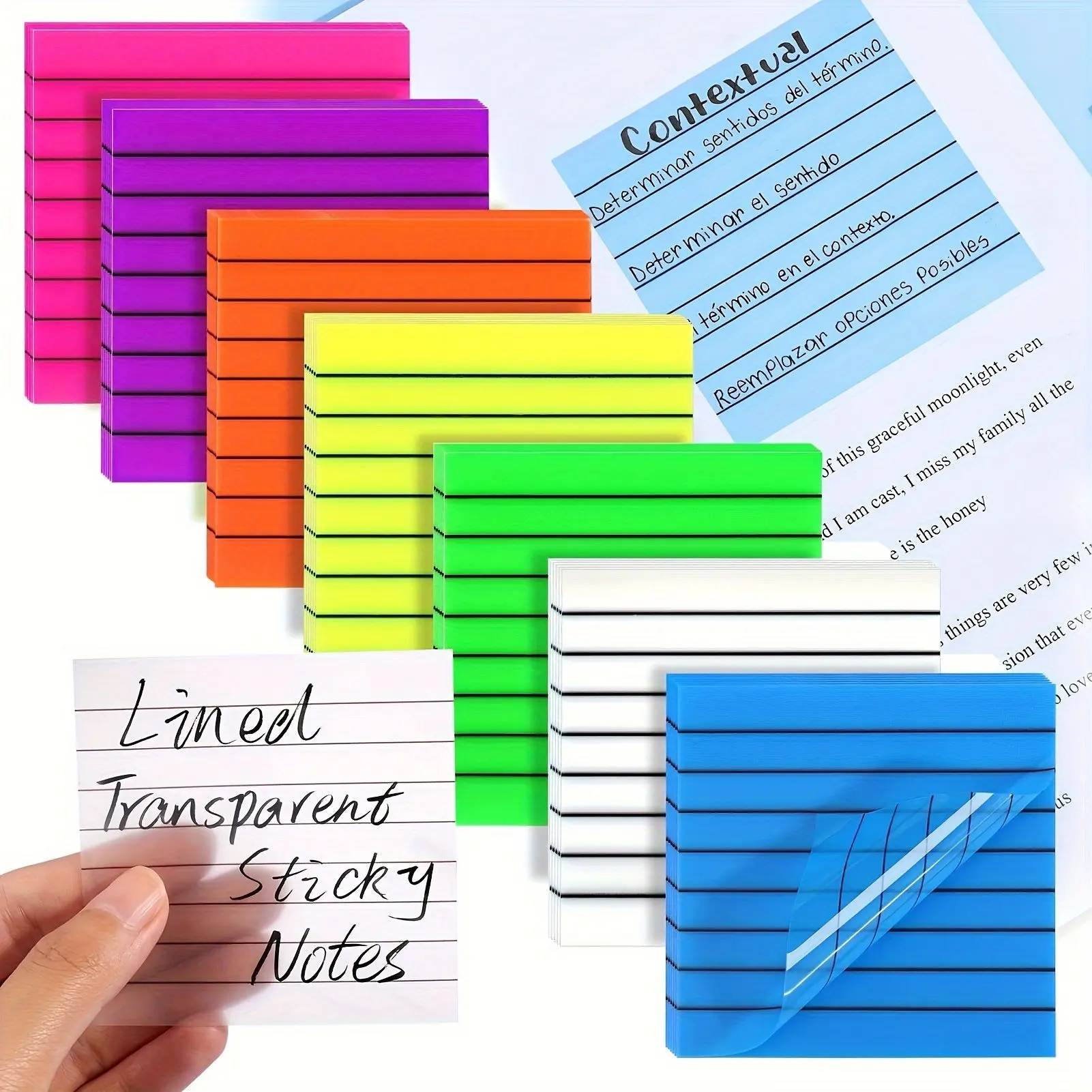 High-Transparency PET Sticky Notes, 7 Assorted Colors Pads (350 Sheets) with Subtle Black Guidelines, Aesthetic School Supplies Haul, Office Stationery for Daily Use