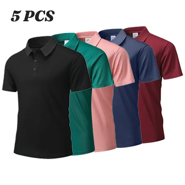 Men's 5-Piece Multi-Color Activewear Polo Shirt Set - Classic Casual Short-Sleeve Button-Front Basic Tops with Fitted Cut Collar for Daily Wear