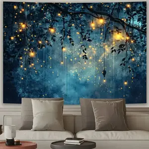 1pc Enchanting Firefly Forest Wall Tapestry - Polyester Art with Glowing Lanterns & Lush Greenery, Dark Blue Background, Perfect for Living Room, Bedroom, Office, or Party Decor, Ideal Creative Gift, Bedroom Wall Art |       Serene Ambiance Decor |