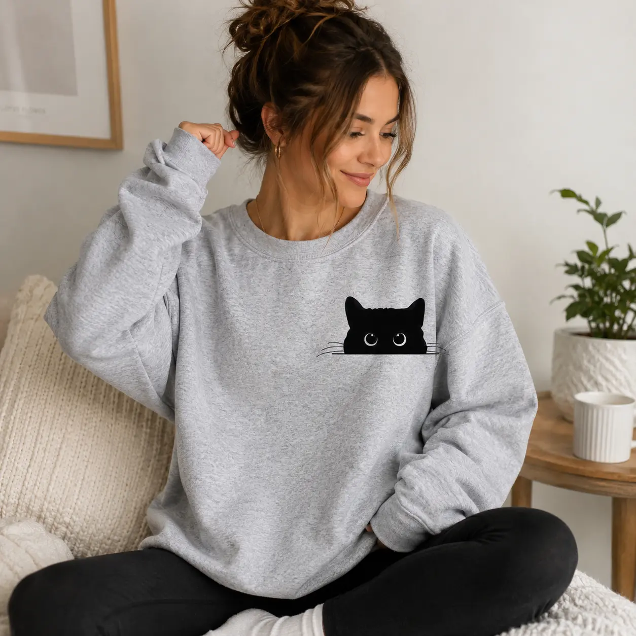 Black Cat Pocket Sweatshirt, Cute Cat Lover Sweatshirt,  Cat Crewneck, Minimalist Cat Shirt, Funny Cat Mom Gift, Cozy Unisex Pullover, Pet Lover Gift-DPCLICK