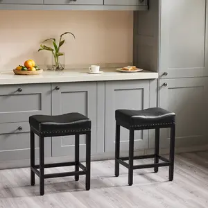 Black Set of 2 Counter Bar Stools, 23 Inch Height, Perfect for Kitchen Islands. Features Upholstered PU Leather Seats with Thick Saddle Cushioning, Sturdy Metal Base, and Comfortable Footrests