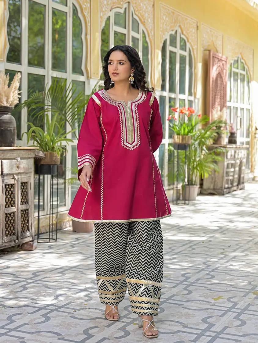 Rani Pink Embroidered Kurti with Chevron Farshi Salwar