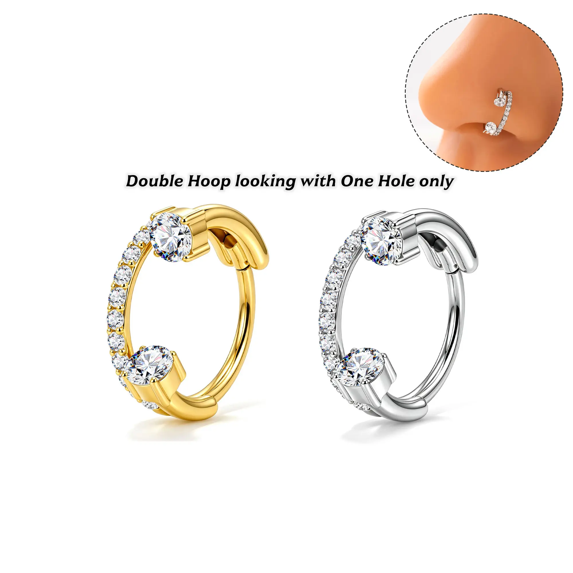 OUFER Horseshoe+Single Hoop Hinged Segment Nose Ring, Double Hoop looking with one hole only, 316l Stainless Steel Noserings for Women, Non Tarnish Nose Ring Hoops OUFER Horseshoe+Single Hoop Hinged Segment Nose Ring, Double Hoop looking with one hole only, 316l Stainless Steel Noserings for Women, Non Tarnish Nose Ring Hoops