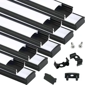 Muzata Black LED Channel System with Milky White Cover Lens, Aluminum Extrusion Profile for Strip Tape Light Track for Under Cabinet, U Shape U1SW BW