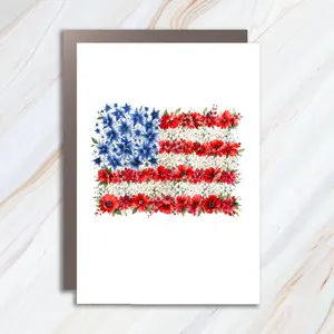 Floral American Flag Greeting Card, Patriotic 4th of July Card, Independence Day USA Card with Red White Blue Flowers and Watercolor Flag JC12