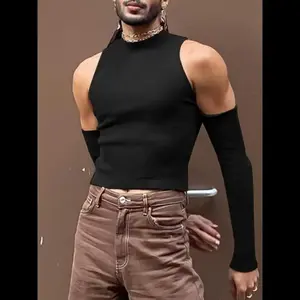 Men's Slim Cold Shoulder Mock Neck Crop Tank Top, Vintage 90s Tops, Cut Out Long Sleeve T-shirt & Fall, Comfort Minimalist Menswear Daily Wear