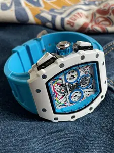 Street Style Colorblock Watch, Barrel Shape Hollow Mechanical Dial, Three Eye Timer, Silicone Strap, Unisex Wristwatch