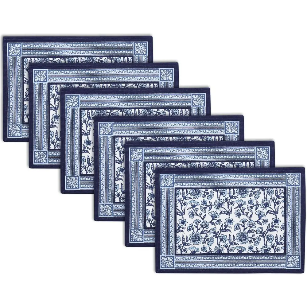 Aesthetic Traditional Tableware 6-Piece Set Placemats & Coasters - Indigo 2-Block Printed Cotton Canvas Placemats (18x13 in), Washable, Tumble Dry Compatible, Six-Piece Set Placemats & Coasters