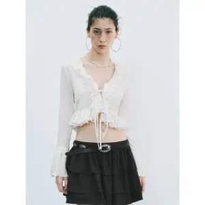 URBAN REVIVO 2026 Women's Basic Polyester Fabric Blouse - Spring New Longsleeve Shirt with Ruffle Trim, Textured Flare Sleeves, Button-Front, Casual Top