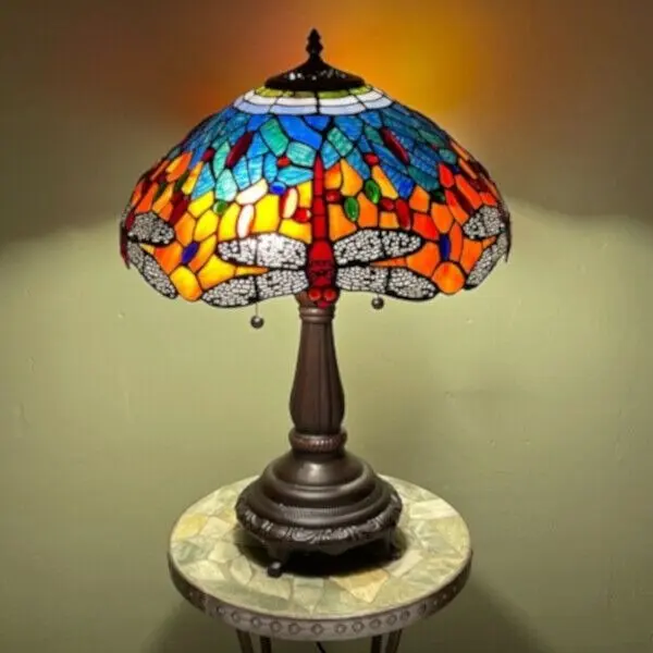 Tiffany Style Stained Glass Dragonfly Table Lamp Blue Red Gold w/ Bronze Finish