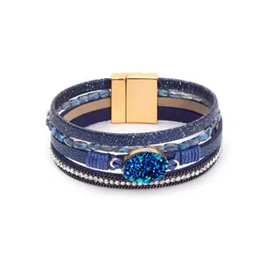 Women's Sporty Sports Wristbands - Vintage Ethnic-Style Bracelet with Crystal Embellishments, Beads, PU Leather Trim and Magnetic Clasp