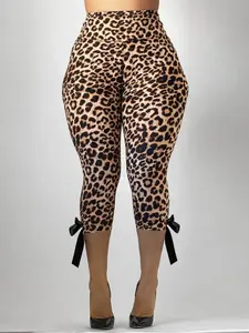 Elegant Slimming Seven-Point Pants, High-Waisted Leopard Print Comfortable Butt-Lifting Sporty Butterfly Knot Design Skinny Sportswear Leopard Print Leggings