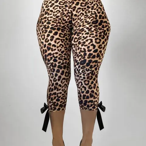 Elegant Slimming Capri Pants, High-Waisted Leopard Print Leggings, Butt-Lifting Butterfly Knot Design Skinny Athletic Sportswear, Comfortable Sporty, Active Sports Bottoms