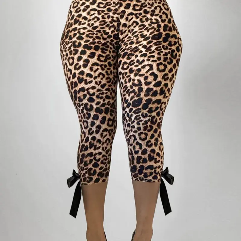 Elegant Slimming Capri Pants, High-Waisted Leopard Print Leggings, Butt-Lifting Butterfly Knot Design Skinny Athletic Sportswear, Comfortable Sporty, Active Sports Bottoms