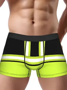Men'S Firefighter Design Boxer Briefs - Neon Green & Firefighter Print Underwear, Medium Stretch Fit, All-Season Casual & Formal Wear, Sports Fitness Underwear
